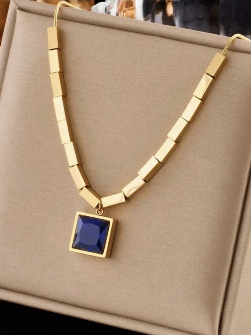 Gold Necklace with Blue Square Pendant